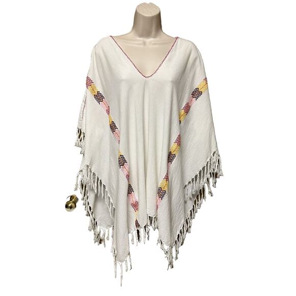 Madewell JM Dry goods ONE SIZE Fringe La Sirena Poncho Cover Up Ivory Boho K23